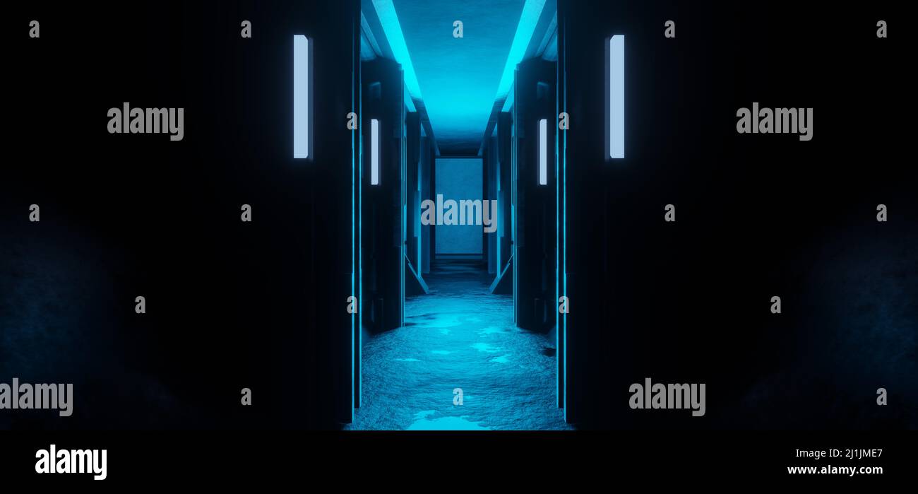 Astratto futuristico Club futuristico corridoio Spaceship Interior Club Neon Light Blue Colors Industrial Lab 3D Illustrazione Foto Stock