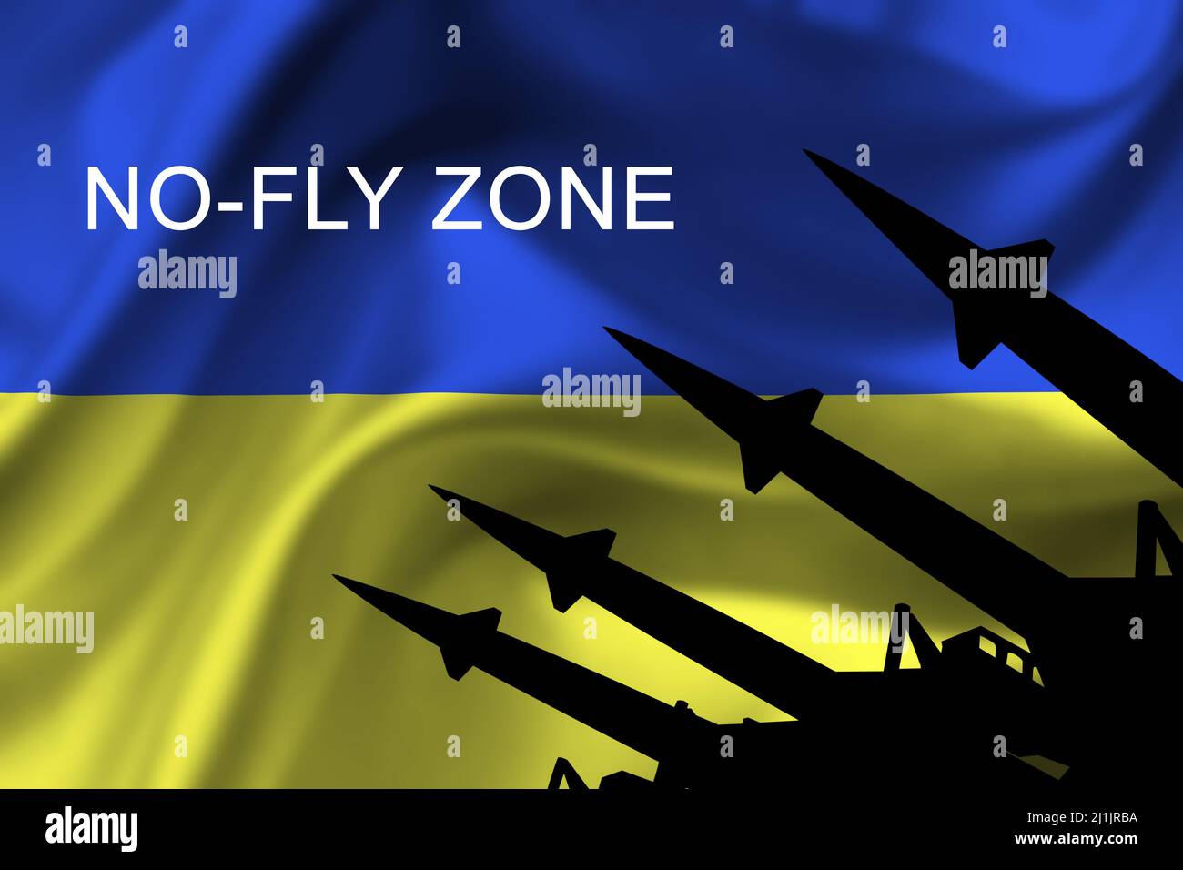Bandiera Ucraina con sagome di razzi antiaerei e segno 'NO-FLY ZONE' Foto Stock