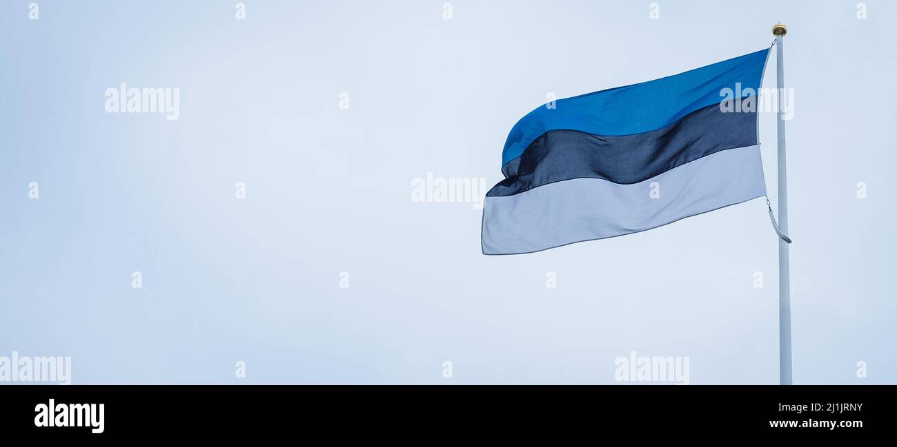 Bandiera dell'Estonia su sfondo cielo blu. Bandiera estone che sventola sotto il vento e la luce del sole. Foto Stock