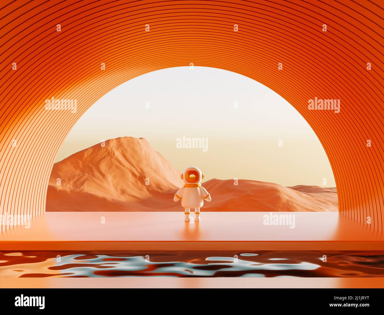 Vista surreale dal pianeta arancione con astronauta o alieno in totale armonia e bella 3D rendere vista montagne. Sogna o metaversa che viaggia verso Foto Stock