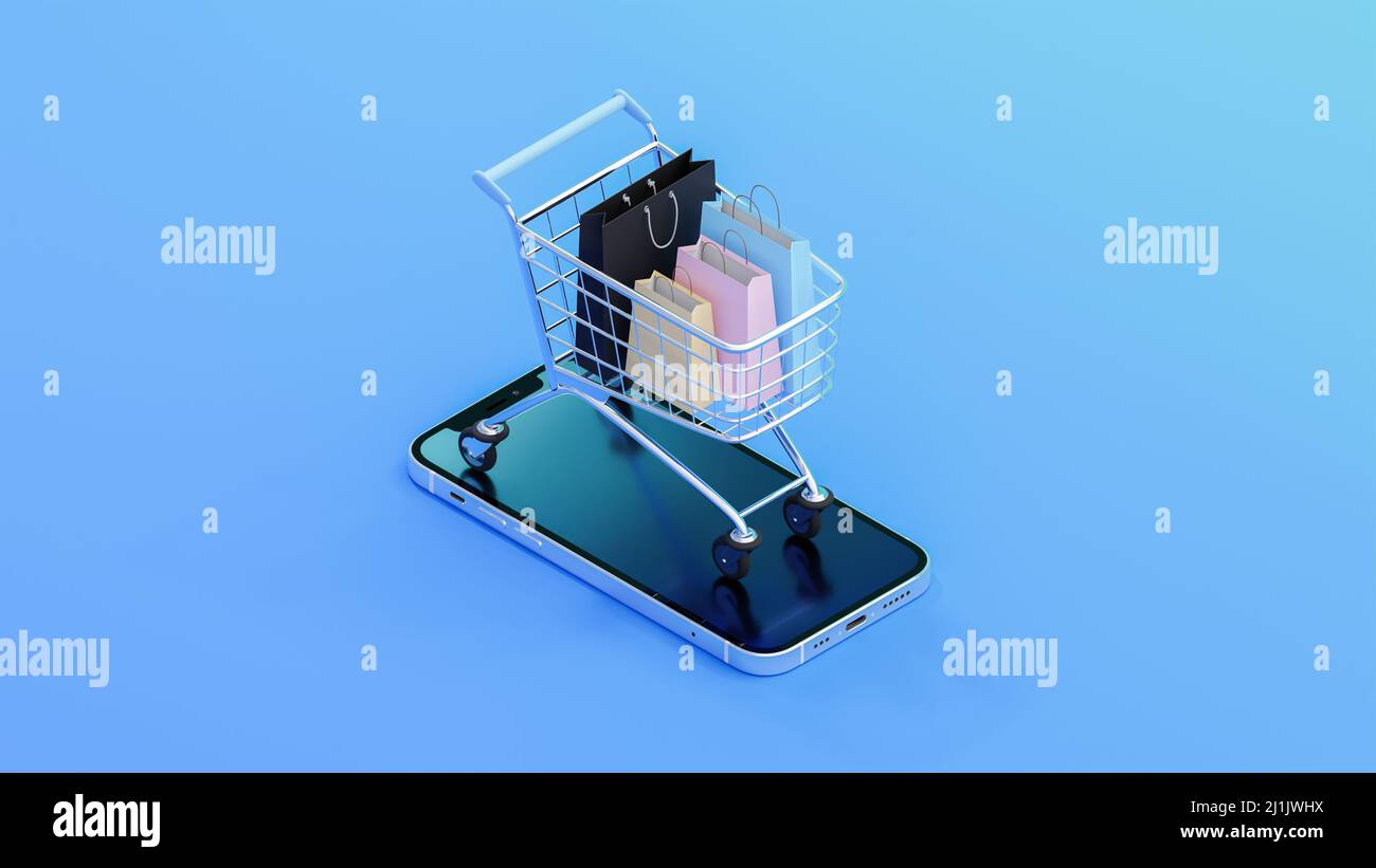 Borse realistiche con immagine carrello su smartphone per lo shopping online concept design, 3D isolato su sfondo blu, modello online stile negozio Foto Stock