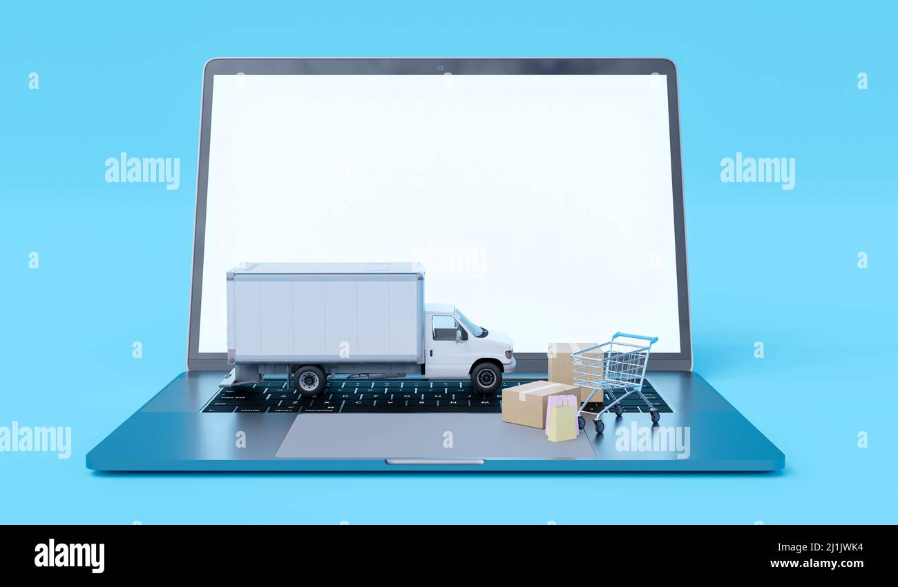 Camion di consegna, carrello e scatole di cartone su laptop isolato su sfondo blu. Concetto di consegna aziendale online. Tracciamento degli ordini online. Globale Foto Stock