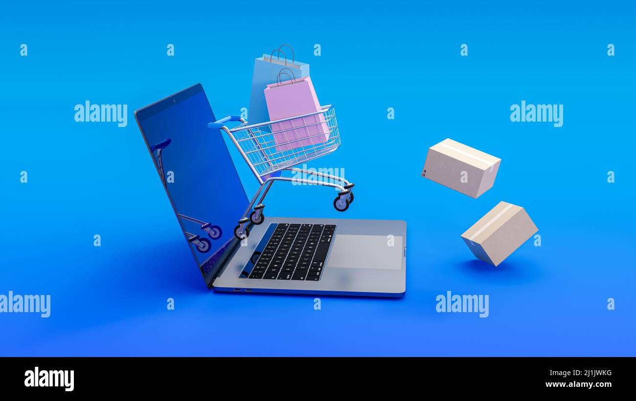 Computer portatile con piccolo carrello e borse per la spesa isolati su sfondo blu. Il business tradizionale si trasforma in business online. E-commerce. 3d Foto Stock