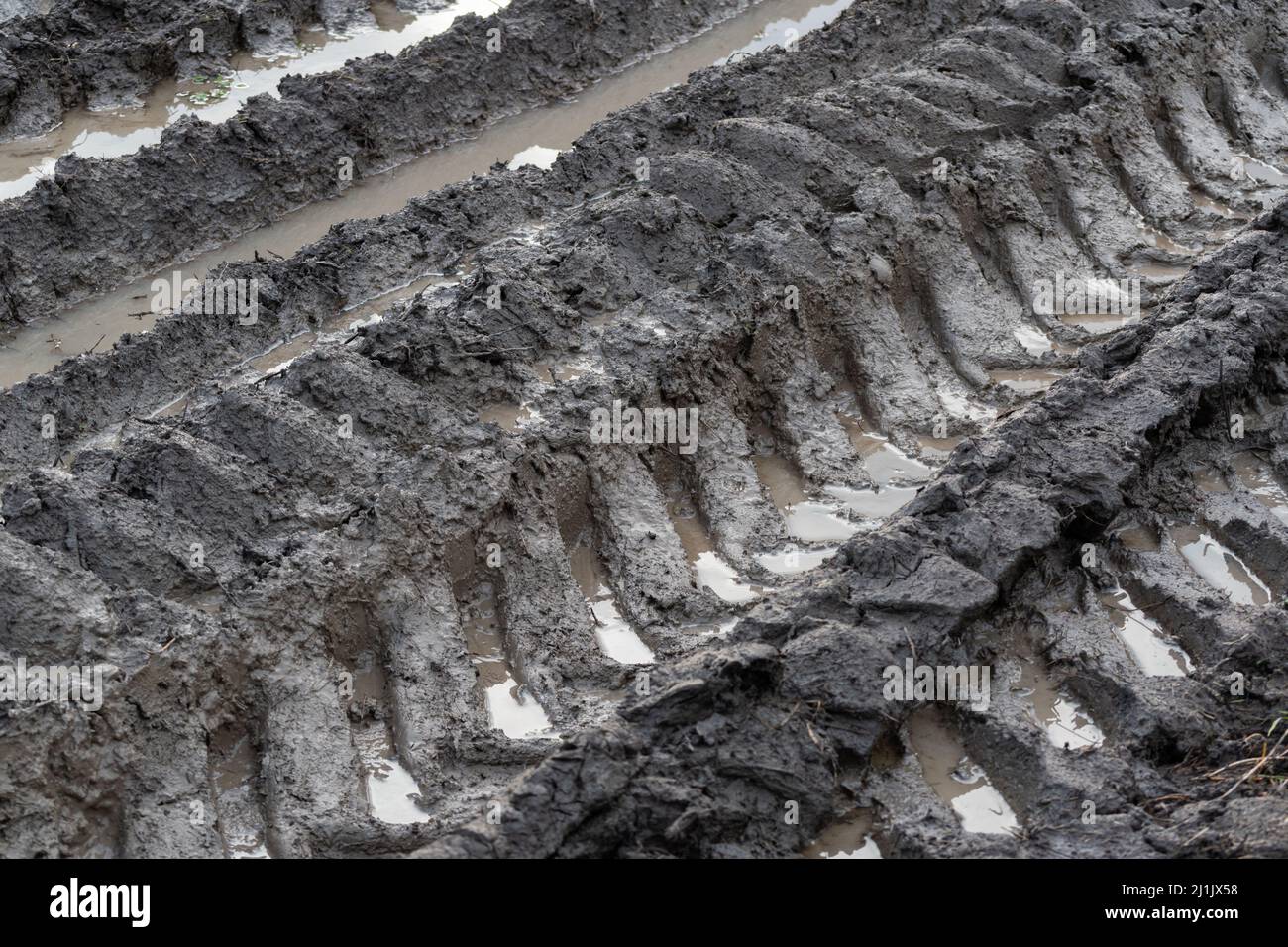 Tracce di pneumatici nel fango, terreno fangoso rurale dettaglio strada, meno viaggiato Foto Stock