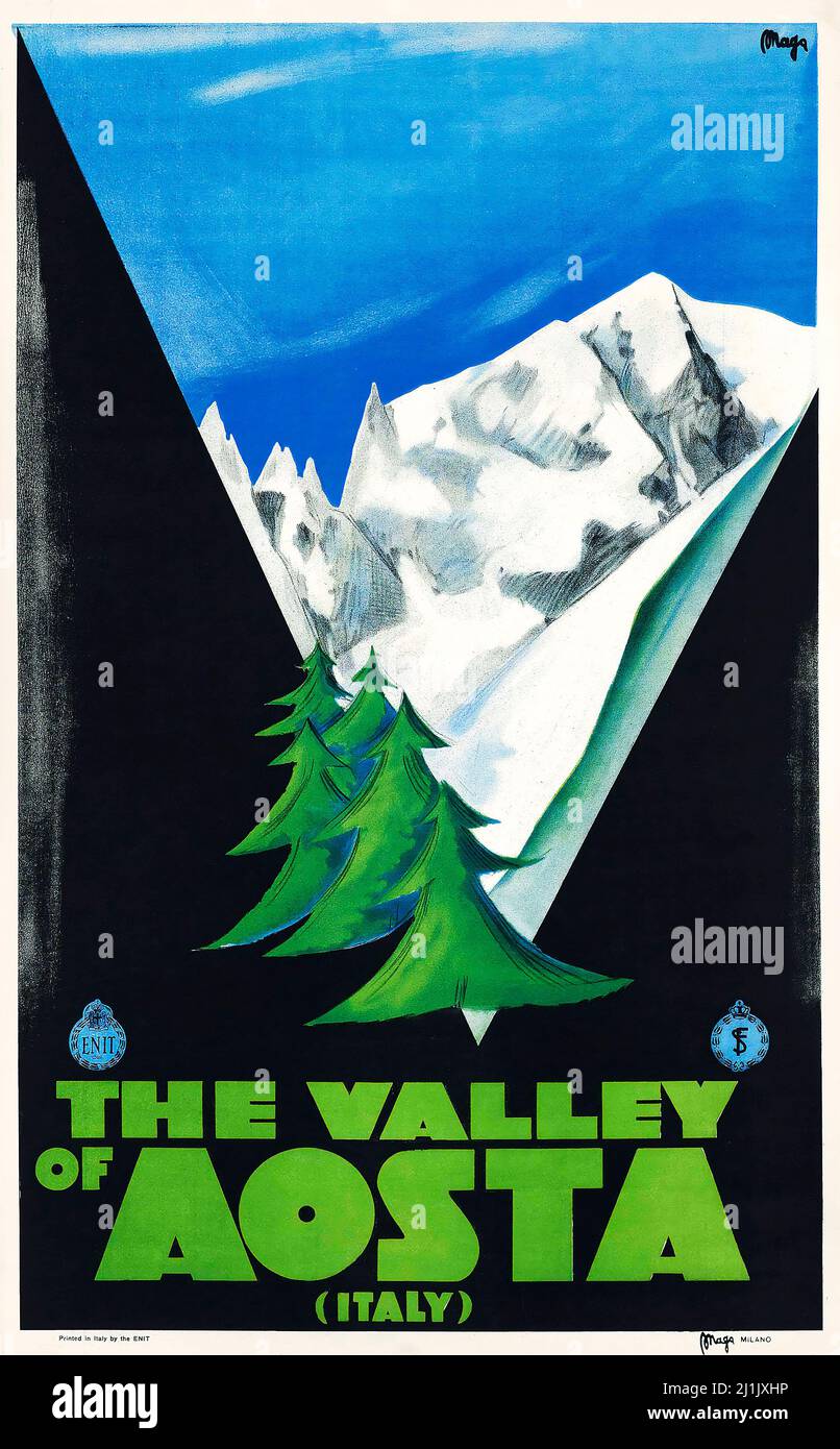 Poster di viaggio d'epoca, sport invernali, sci - Giuseppe Magagnoli (1878-1933) la Valle d'Aosta, Italia, c 1925. Poster di viaggio in italiano. Foto Stock