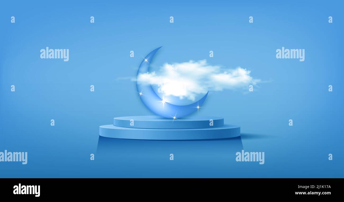 Podium islamico di lusso con luna crescente simboli islamici tradizionali. 3D Banner arabo orizzontale per vetrina prodotti, presentazione prodotti, cosmetici Illustrazione Vettoriale