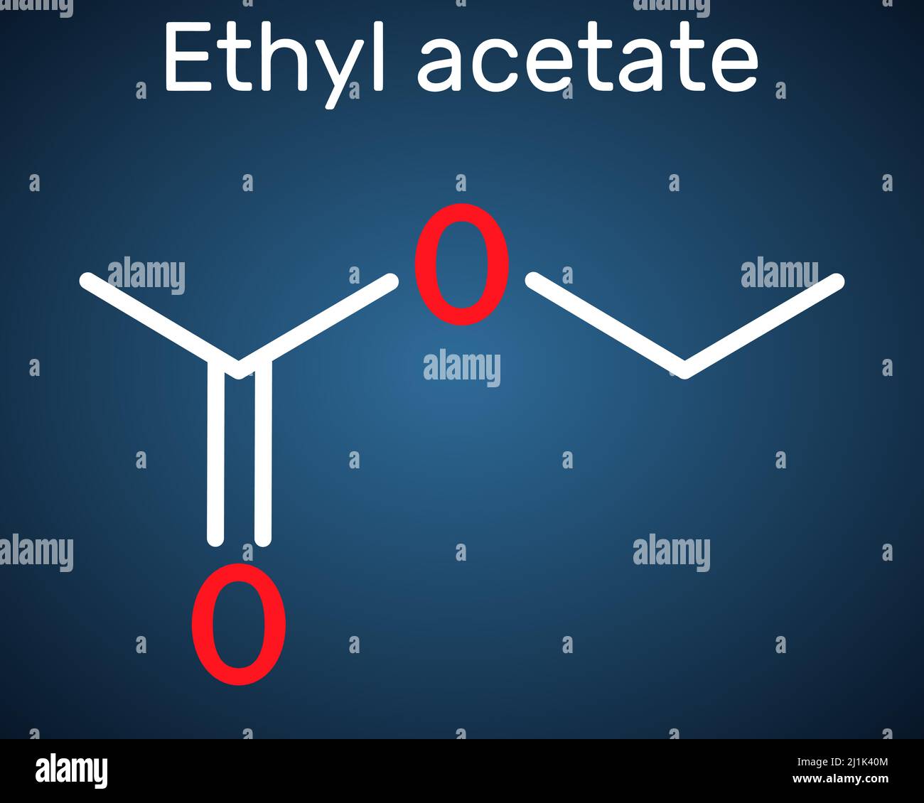 Acetato di etile, etanoato di etile, molecola C4H8O2. Si tratta di acetato estere formato tra acido acetico ed etanolo. Formula chimica strutturale al buio b Illustrazione Vettoriale