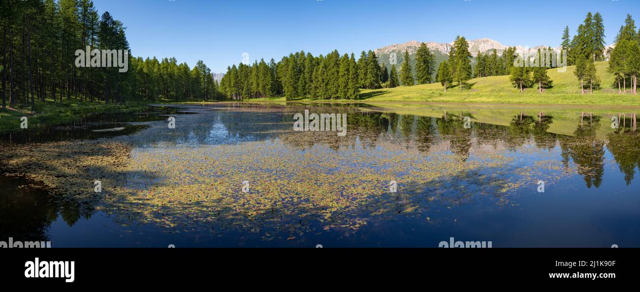 Lago Lac de Roue in estate nel Parco Naturale Regionale del Queyras (panoramico). Arvieux nelle Hautes-Alpes (Alpi francesi). Francia Foto Stock