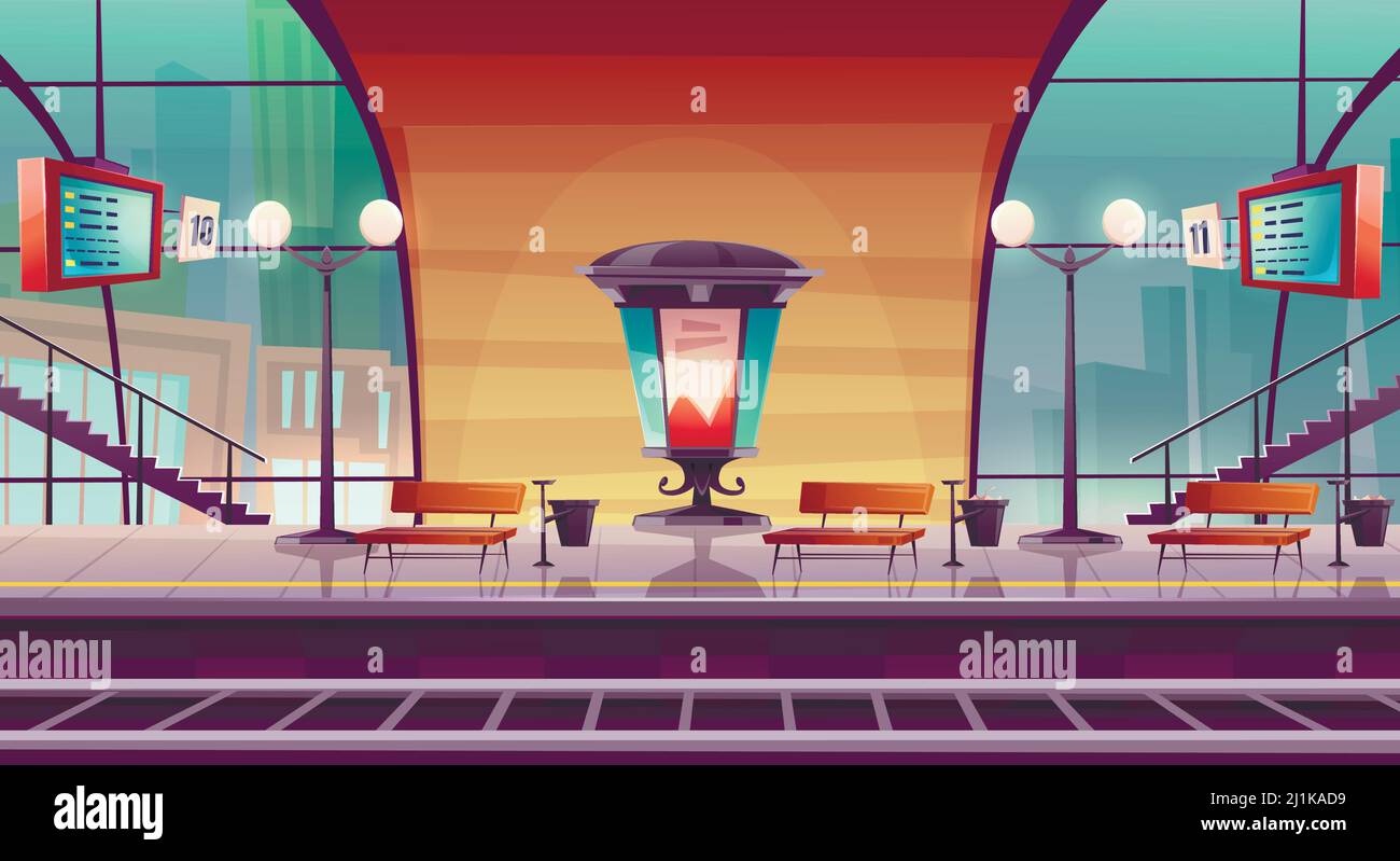 Stazione ferroviaria, piattaforma ferroviaria vuota per treno con cupola di vetro, colonna per cartelloni morris, tavole e panche per arrivi, area attesa passeggeri, publ Illustrazione Vettoriale