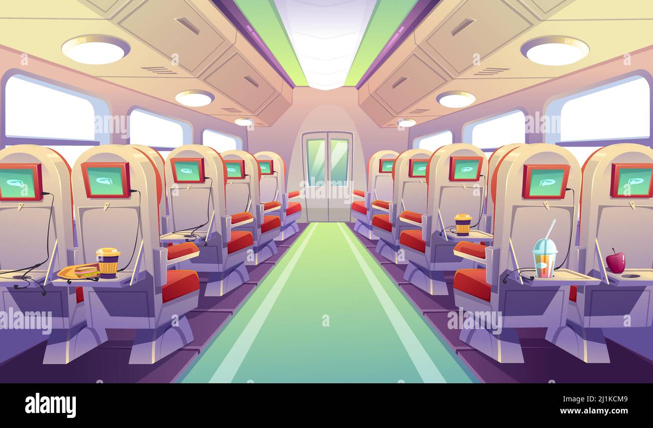 Interno vuoto di autobus, treni o aerei con sedie e tavoli con sedili pieghevoli. Cabina vettoriale cartoon per trasporto passeggeri, posti con cifra Illustrazione Vettoriale