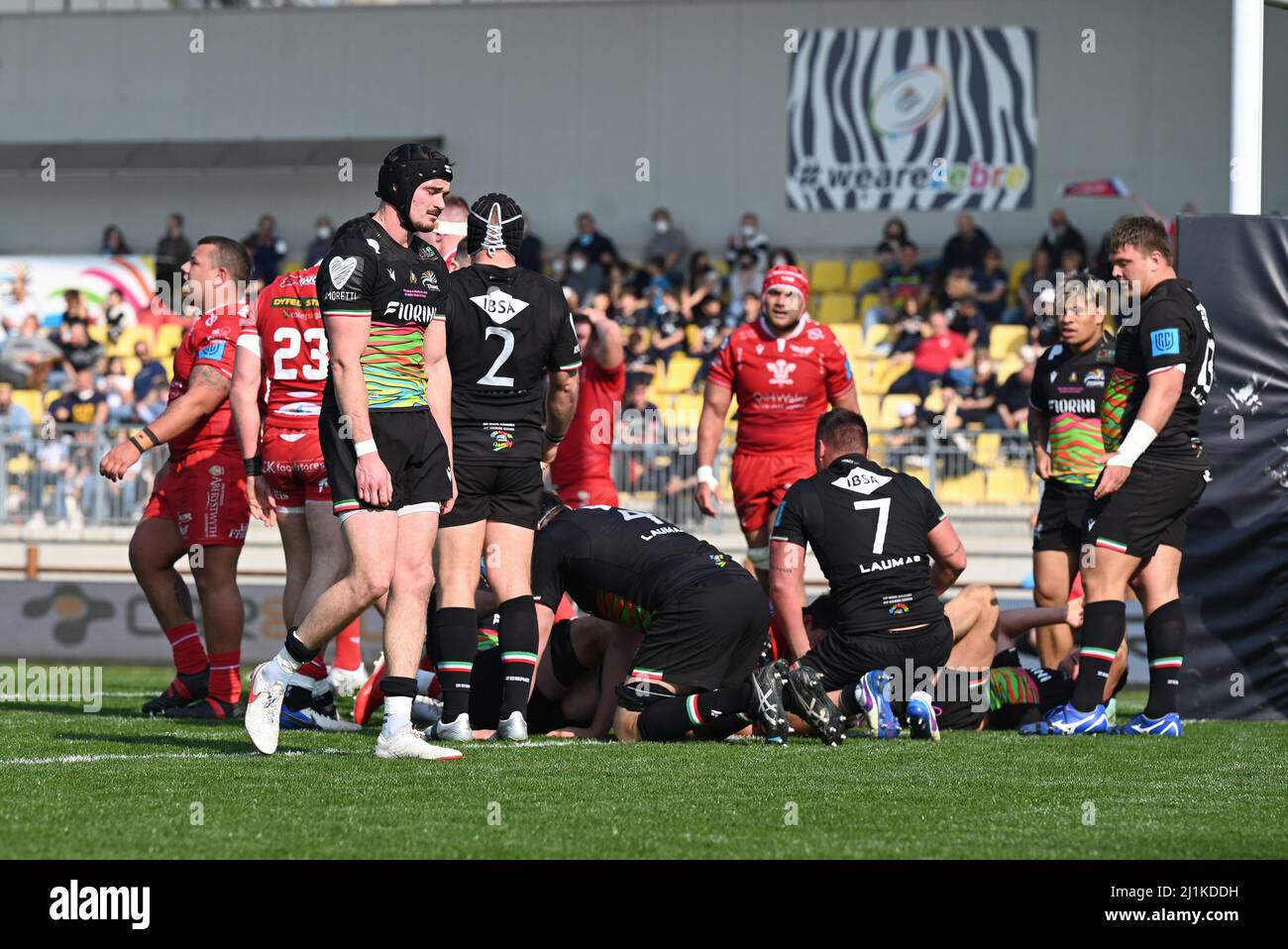 Parma, Italia. 26th Mar, 2022. Prova per scarlets durante Zebre Rugby Club vs Scarlets, United Rugby Championship match a Parma, Italy, March 26 2022 Credit: Independent Photo Agency/Alamy Live News Foto Stock