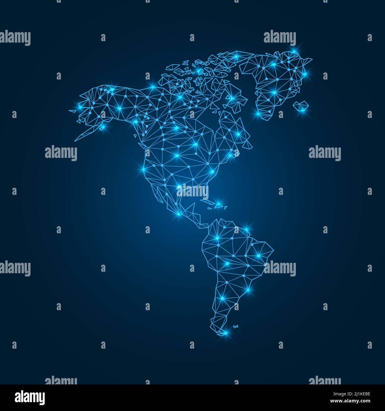 Mappa del Nord e del Sud America con forme poligonali incandescenti. Illustrazione Vettoriale