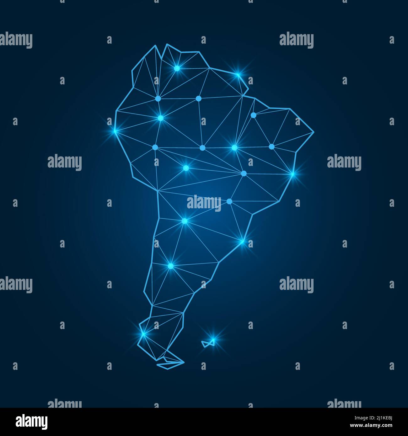 Mappa del Sud America con forme poligonali luminose. Mappa del mondo continente lineare con punti luce. Illustrazione Vettoriale