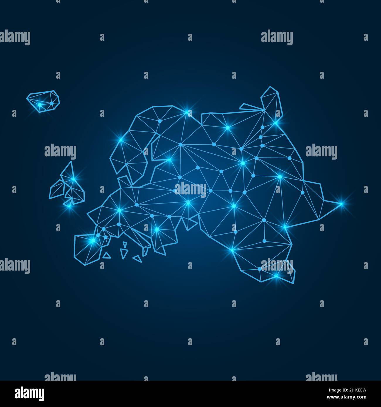 Mappa europea con forme poligonali incandescenti. Mappa del mondo continente lineare con punti luce. Illustrazione Vettoriale