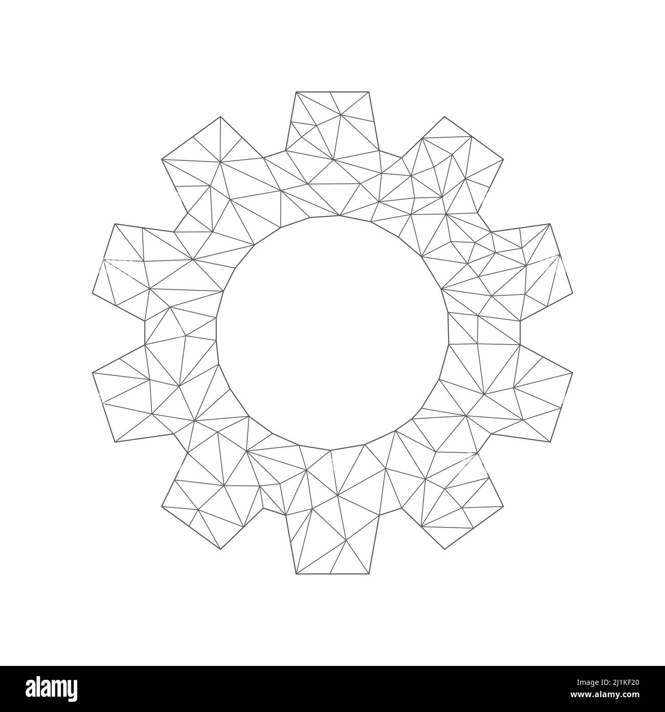 Simbolo dell'ingranaggio poligonale basso. Cartello a cremagliera con forme triangolari di collegamento. Illustrazione Vettoriale