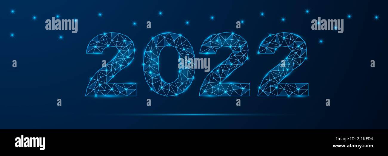 Banner felice anno nuovo 2022. Biglietto d'auguri con elementi poligonali bassi e luminosi. Illustrazione Vettoriale