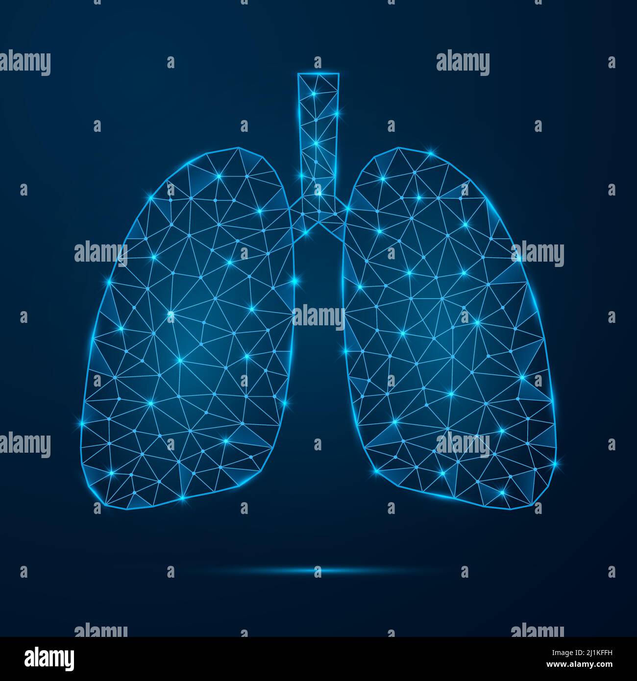 Polmoni umani con puntini collegati a basso flusso di poli. Organo interno futuristico dalle forme triangolari blu. Illustrazione Vettoriale