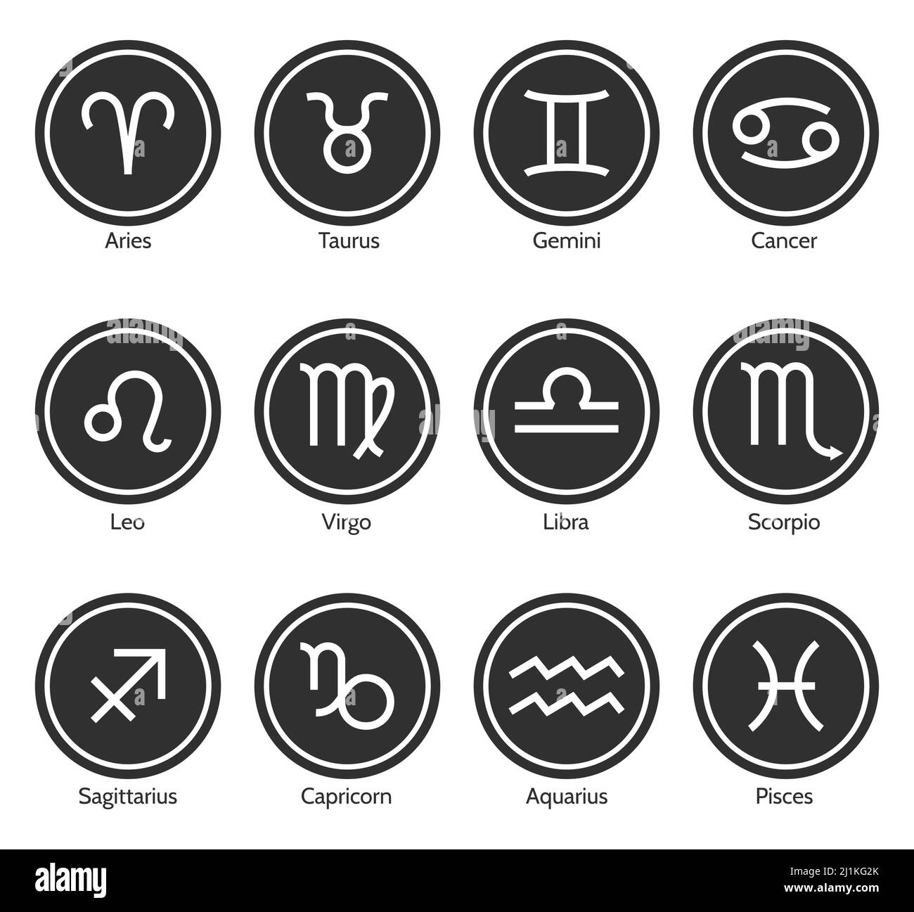 Simboli zodiacali. Dodici simboli a stella per il calendario astrologico o l'oroscopo. Insieme costellazione astronomica Illustrazione Vettoriale