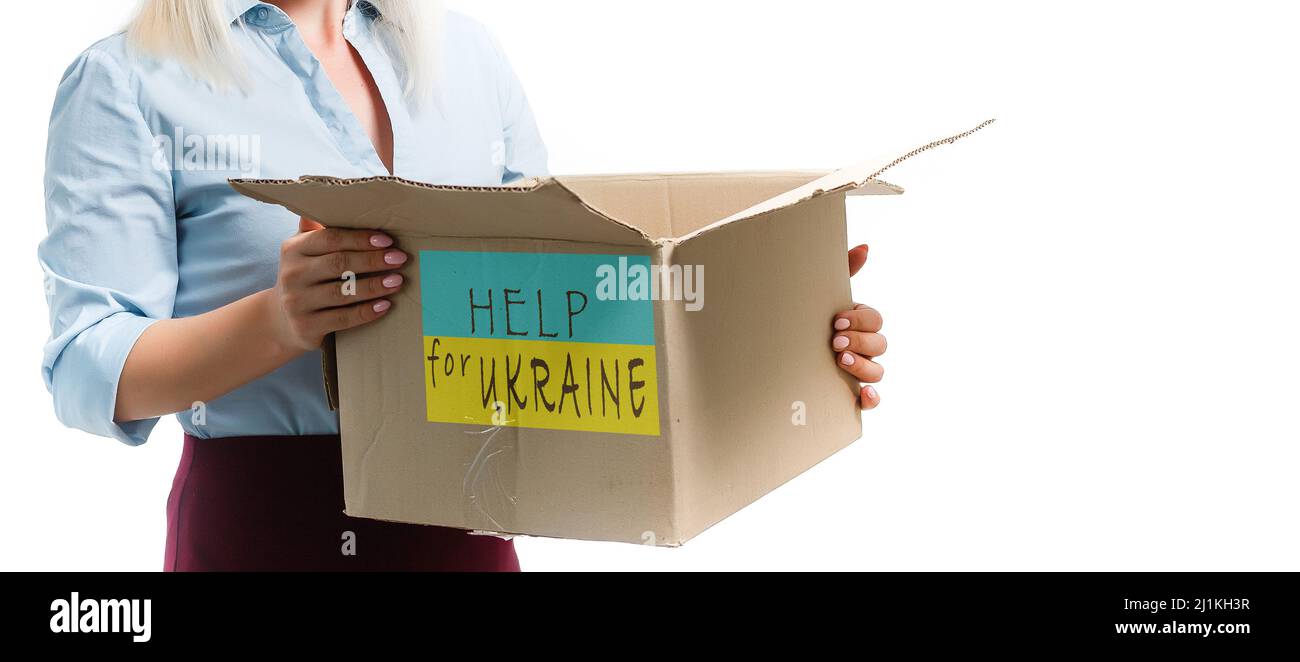 Aiuto umanitario all'Ucraina a causa della guerra, della carità e dell'assistenza alle persone bisognose, del sostegno ai rifugiati Foto Stock