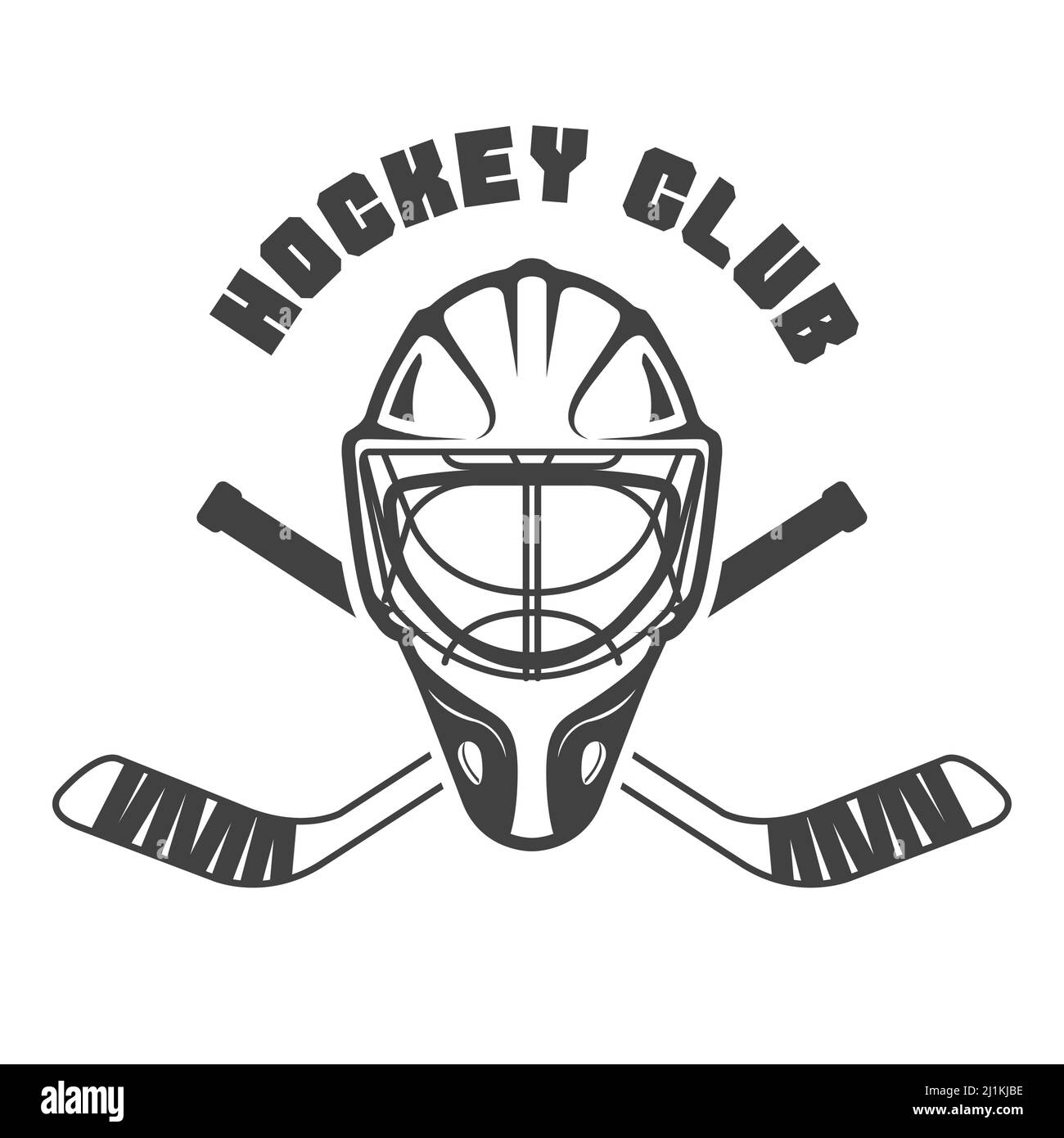 Emblema da hockey su ghiaccio con casco da portiere e bastoni da hockey incrociati, vettore Illustrazione Vettoriale