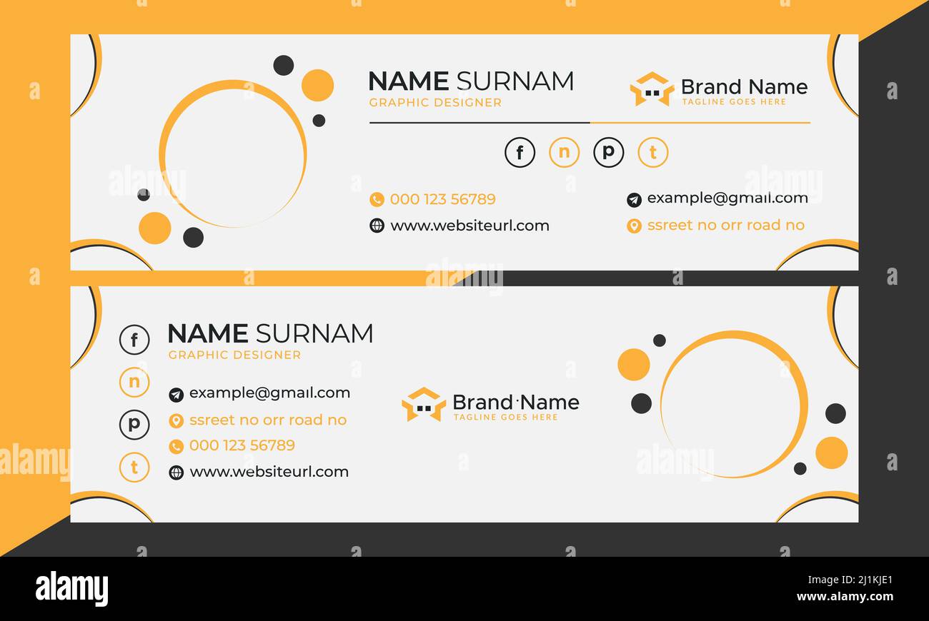 Firma e-mail aziendale, moderna e professionale. Piè di pagina e-mail. Design della copertina dei social media personali. Illustrazioni vettoriali. Nero e giallo. Illustrazione Vettoriale