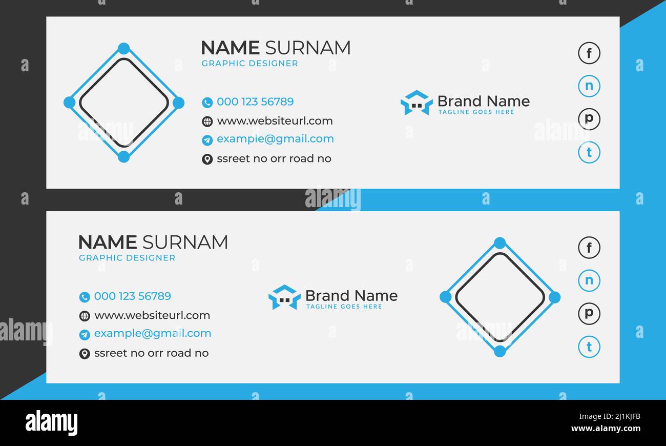 Firma e-mail aziendale, moderna e professionale. Piè di pagina e-mail. Design della copertina dei social media personali. Illustrazioni vettoriali. Nero e blu. Illustrazione Vettoriale
