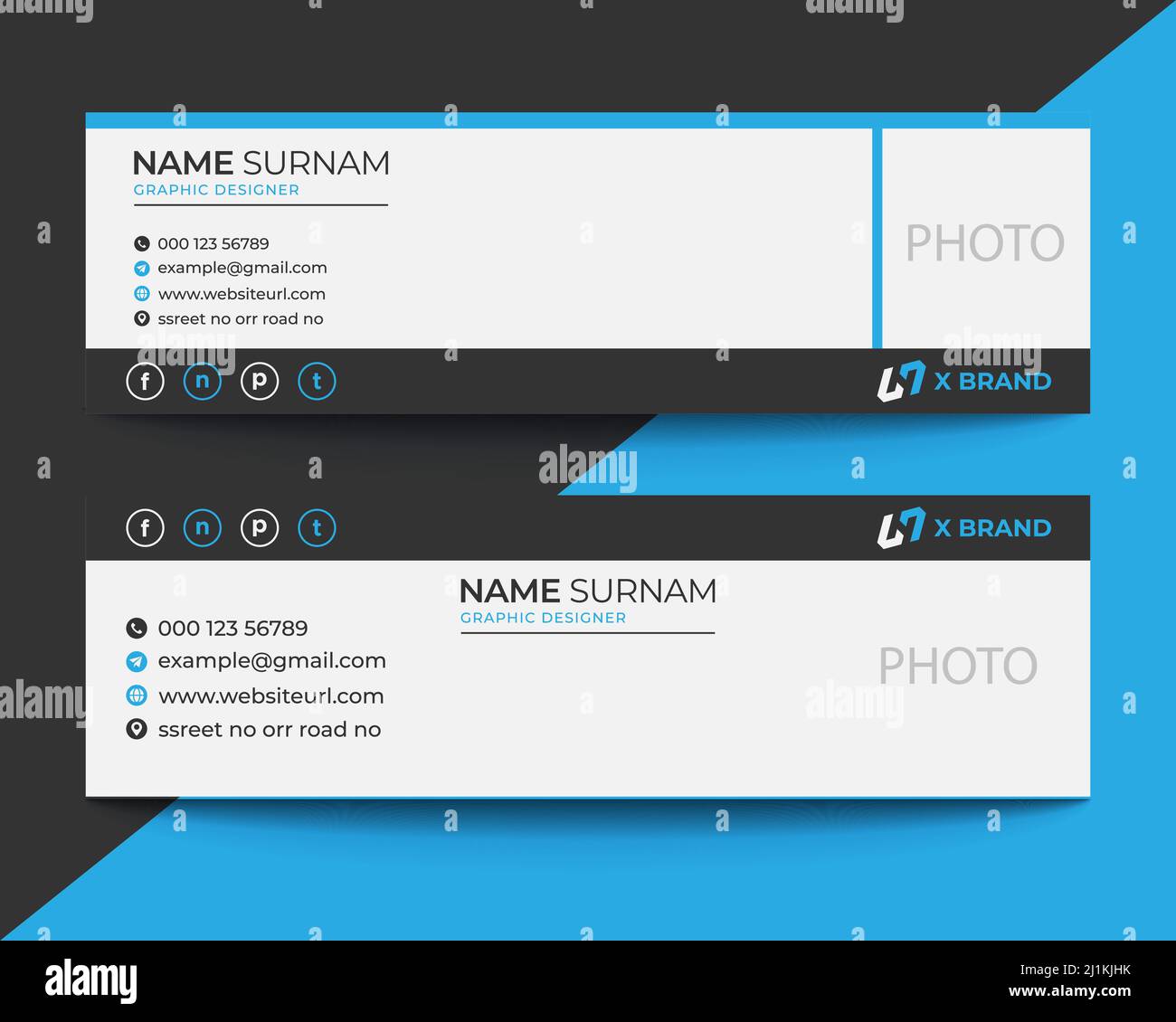 Firma e-mail aziendale, moderna e professionale. Piè di pagina e-mail. Design della copertina dei social media personali. Illustrazioni vettoriali. Nero e blu. Illustrazione Vettoriale