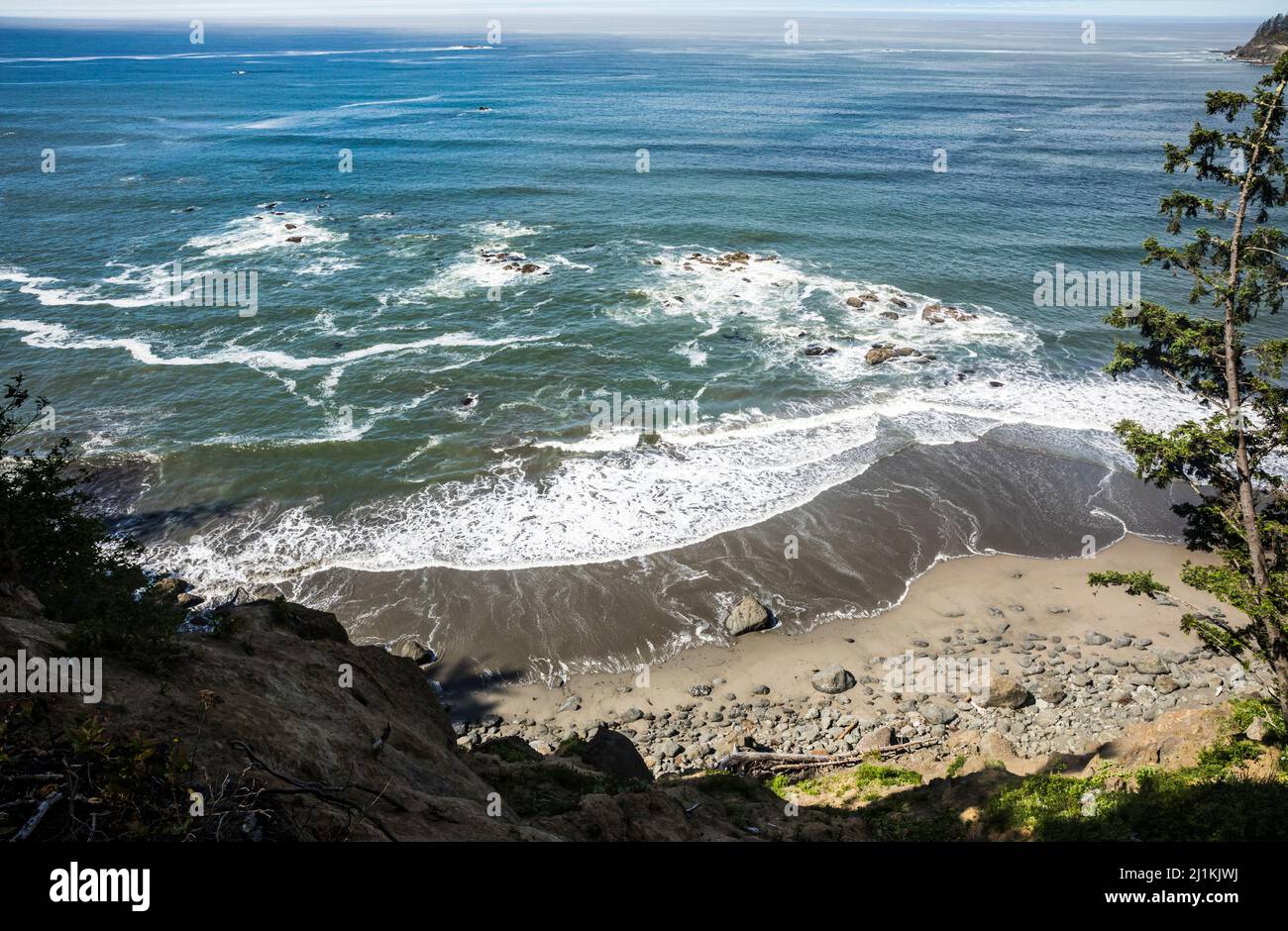 Guardando giù ad una spiaggia sulla costa olimpica meridionale, Parco Nazionale Olimpico e santuario marino, Washington, USA. Foto Stock