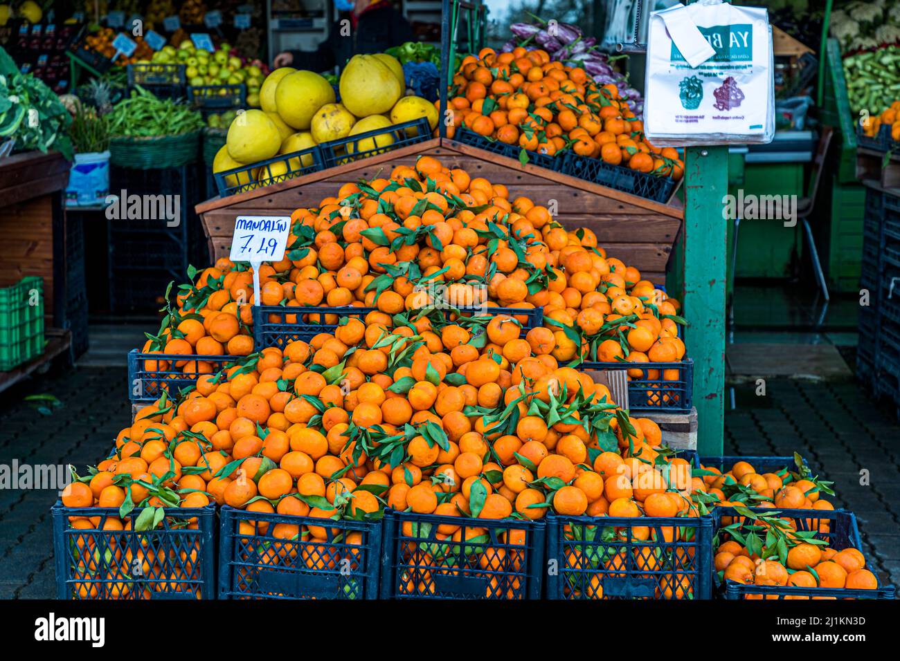 Cipro è un paradiso per gli agrumi. A Cipro, gli ortofrutticoli freschi non hanno lunghe rotte di consegna. Tutto cresce sull'isola e viene offerto decorato con gusto. Repubblica turca di Cipro del Nord (TRNC) Foto Stock