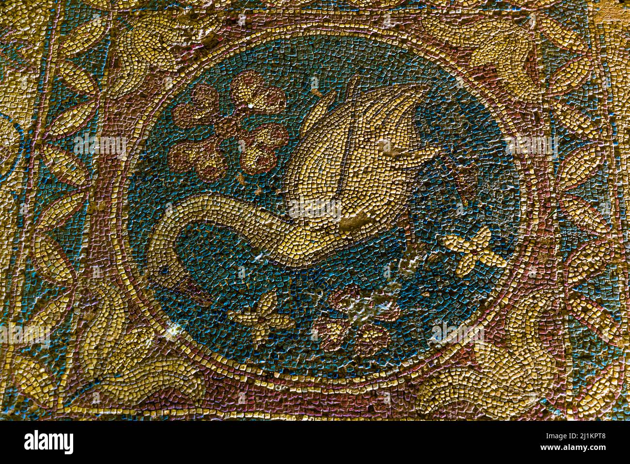 Nelle rovine della basilica di Soloi si trovano mosaici raffiguranti vari animali, tra cui la rara immagine di un cigno. Gemikonağı, Repubblica turca di Cipro del Nord (TRNC) Foto Stock