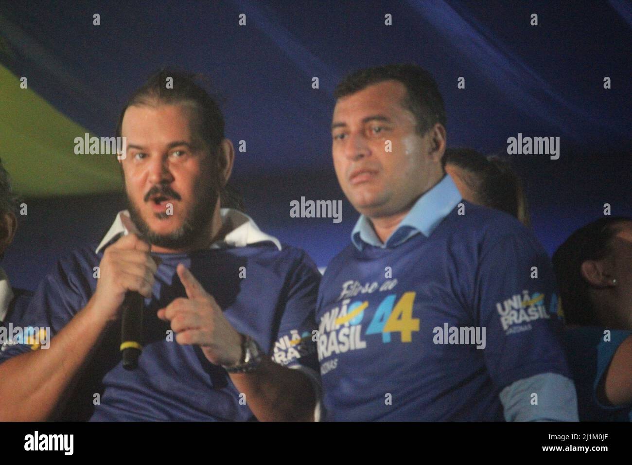 Manaus, Amazonas, Brasile. 26th Mar 2022. (INT) il partito dell'Unione del Brasile rende Wilson Lima ufficiale nel secondo partito più grande nella Camera dei deputati brasiliana. 26 marzo 2022, Manaus, Amazonas, Brasile: Brasile Union Party ha promosso un grande atto il Sabato (26) per rendere il governatore di Amazonas Wilson Lima ufficiale nella nuova leggenda del partito, il secondo più grande nella Camera federale. La manifestazione, cui hanno partecipato ospiti governativi di alto livello, si è svolta presso la corte della Scuola Aparecida Samba, a Manaus. (Credit Image: © Josemar Antunes/TheNEWS2 via ZUMA Press Wire) Foto Stock