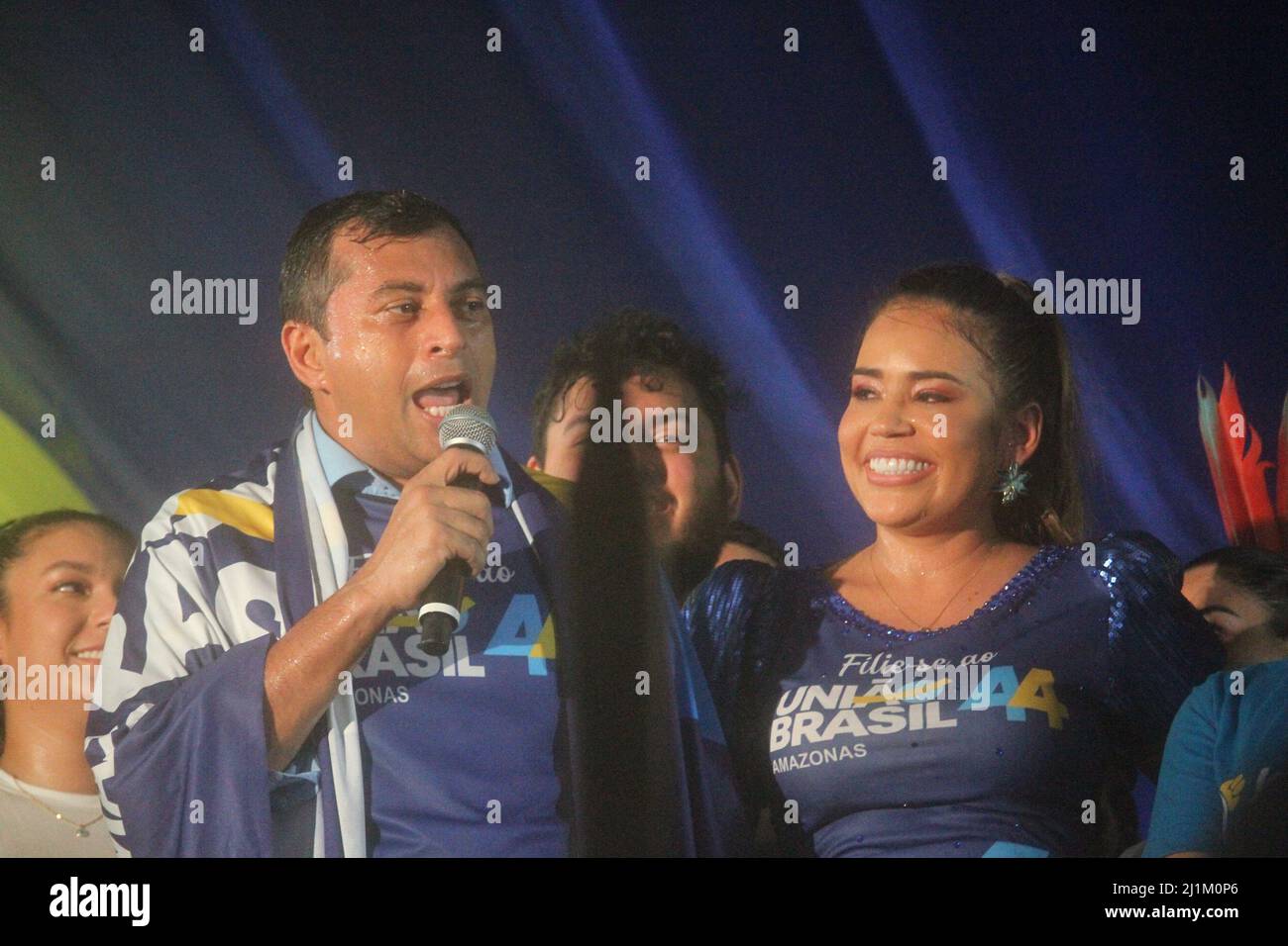 Manaus, Amazonas, Brasile. 26th Mar 2022. (INT) il partito dell'Unione del Brasile rende Wilson Lima ufficiale nel secondo partito più grande nella Camera dei deputati brasiliana. 26 marzo 2022, Manaus, Amazonas, Brasile: Brasile Union Party ha promosso un grande atto il Sabato (26) per rendere il governatore di Amazonas Wilson Lima ufficiale nella nuova leggenda del partito, il secondo più grande nella Camera federale. La manifestazione, cui hanno partecipato ospiti governativi di alto livello, si è svolta presso la corte della Scuola Aparecida Samba, a Manaus. (Credit Image: © Josemar Antunes/TheNEWS2 via ZUMA Press Wire) Foto Stock