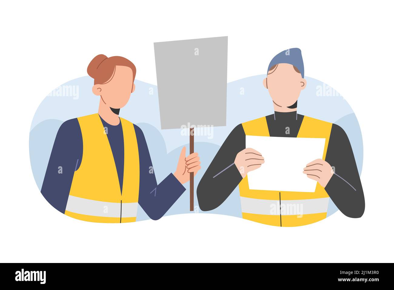 I volontari accolgono i rifugiati, le persone che si offrono volontariamente per incontrare i rifugiati in piedi, tenendo striscioni e cartelli, indossando giubbotti gialli, concetto di aiuto umanitario Illustrazione Vettoriale