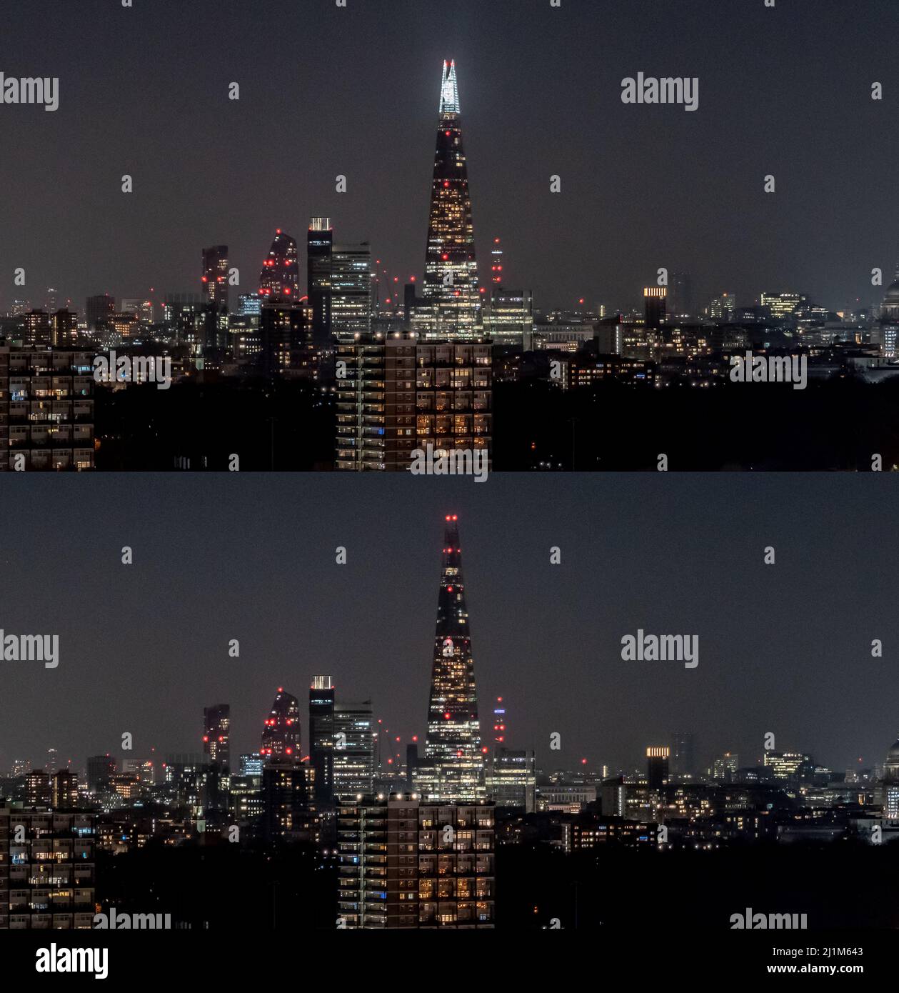 Londra, Regno Unito. 26th marzo 2022. Le luci "Earth Hour" si illuminano e la punta del grattacielo Shard diventa nera (foto più bassa). Ogni anno, il World Wildlife Fund incoraggia individui, comunità, luoghi di interesse e aziende a spegnere le luci elettriche non essenziali per un'ora, tra le 8:30pm e le 9:30pm. La tradizione ormai annuale, che sensibilizza la popolazione alla crisi climatica, si osserva nelle città e nei paesi di tutto il mondo. Credit: Guy Corbishley/Alamy Live News Foto Stock