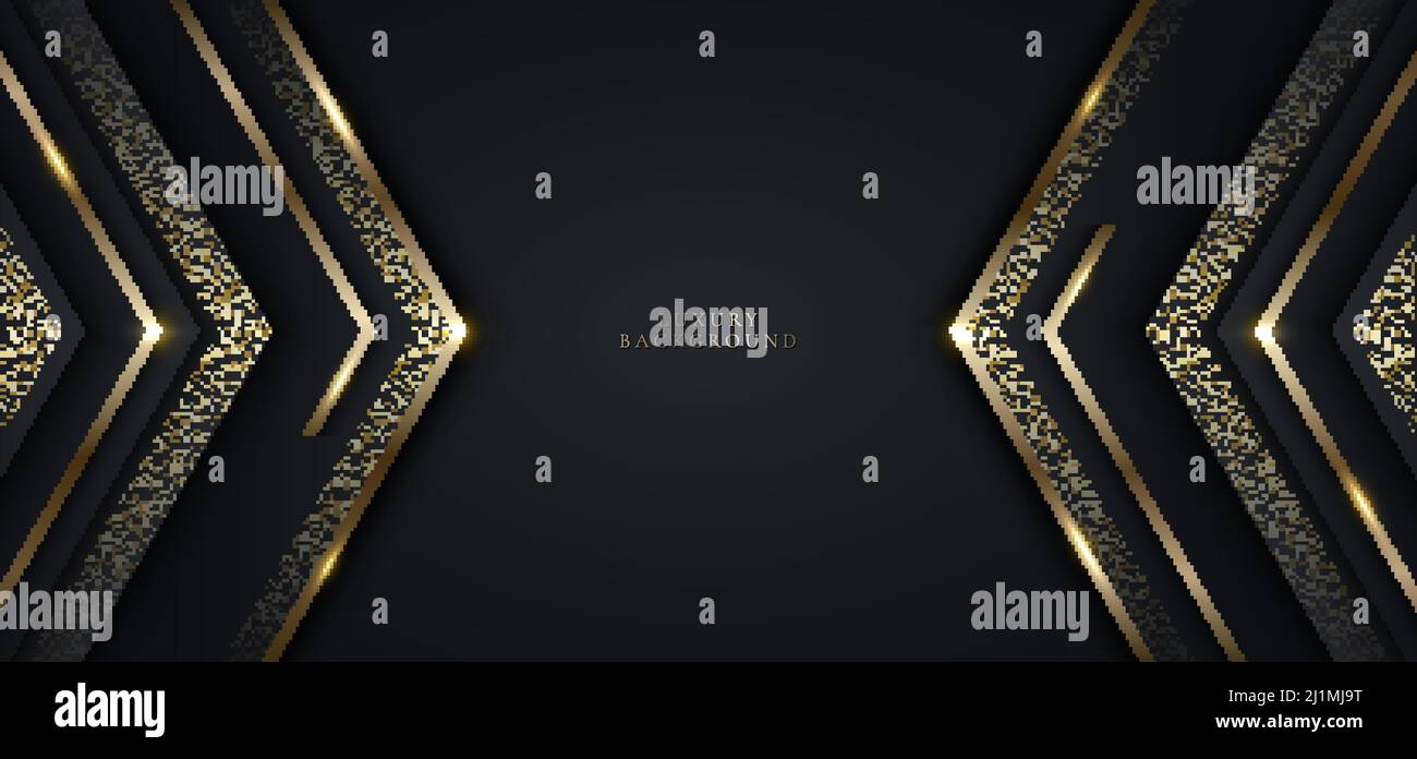 Moderno e lussuoso modello banner design nero triangoli e dorato glitter 3D righe d'oro illuminano lo sfondo scuro. Illustrazione grafica vettoriale Illustrazione Vettoriale