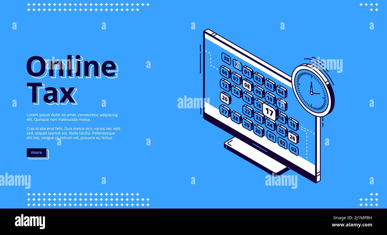Pagina di destinazione Isometrica delle imposte online. Computer desktop con calendario e orologio. Tecnologia intelligente per la contabilità bancaria, applicazione per la tassatio internet Illustrazione Vettoriale