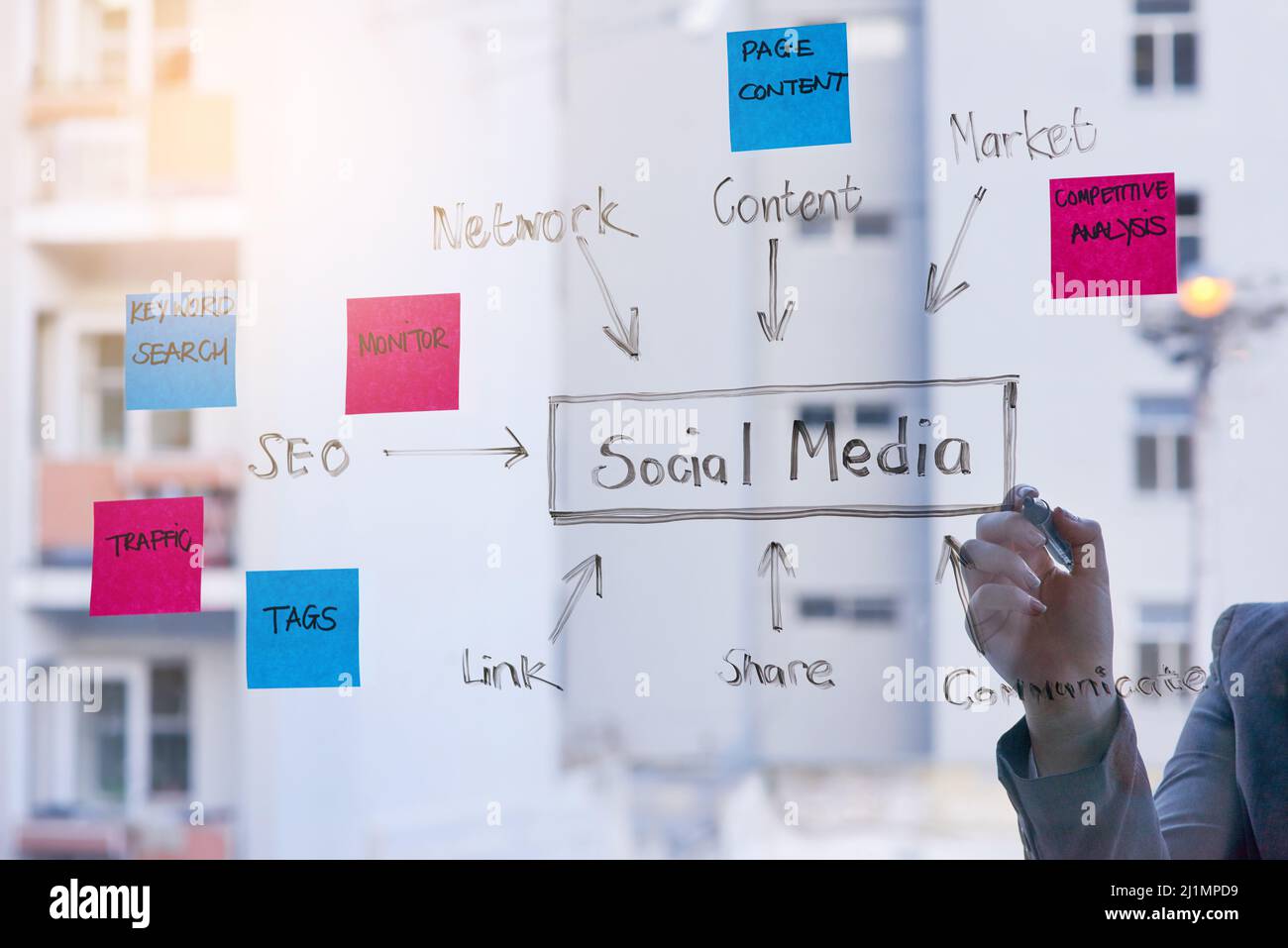 Marketing strategico tramite social media. Scatto corto di una donna che ha una sessione di brainstorming contro una parete di vetro in un ufficio moderno. Foto Stock