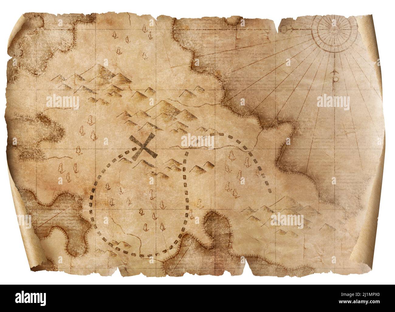 pirati medievale mappa con tesori nascosti segno rotolo isolato Foto Stock