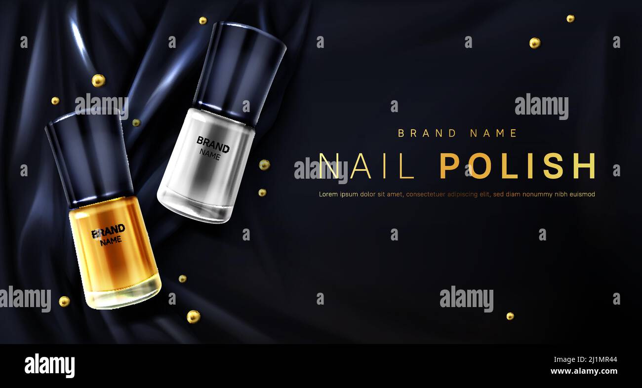 Smalto per unghie 3d bottiglie oro e argento metallizzato palette mock up banner, cosmetici tubi di vetro su nero satin morbido tessuto di seta con pieghe e perle. Co Illustrazione Vettoriale