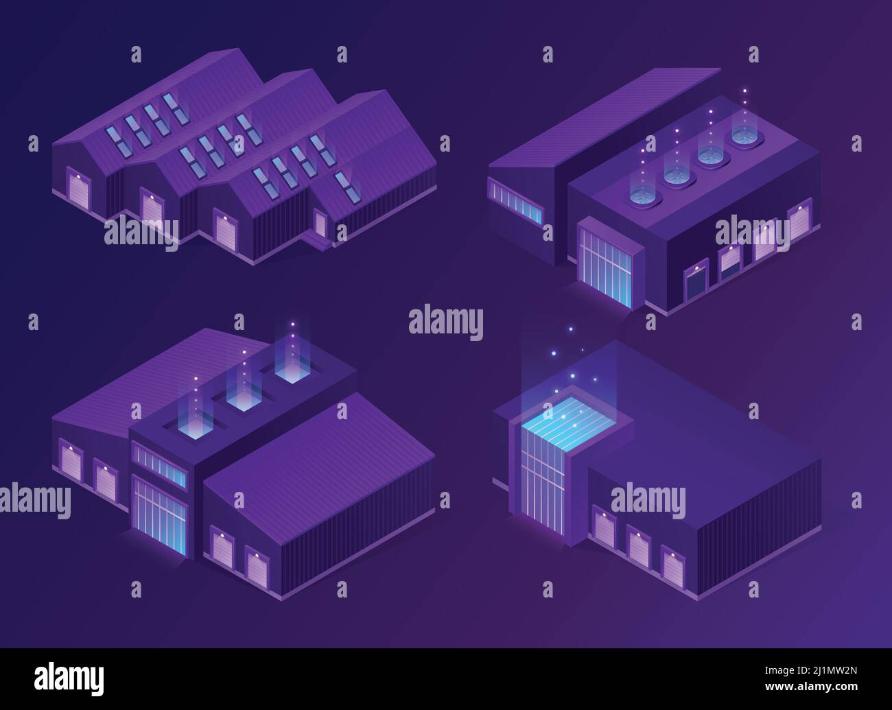 Magazzino isometrico, magazzino logistico o edifici di fabbrica con porta di sollevamento, facciata in vetro e sistema di ventilazione. Deposito merci e merci, indu Illustrazione Vettoriale