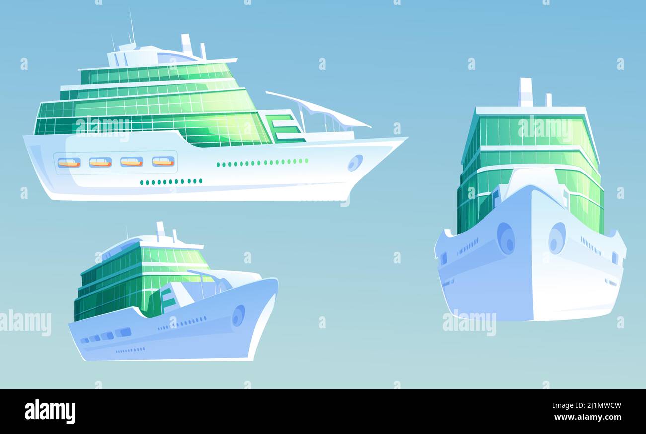 Nave da crociera. Linea passeggeri di lusso per vacanze estive e viaggi in mare. Cartoni animati vettoriali illustrazione di grande nave da crociera per viaggio in oceano davanti e sid Illustrazione Vettoriale