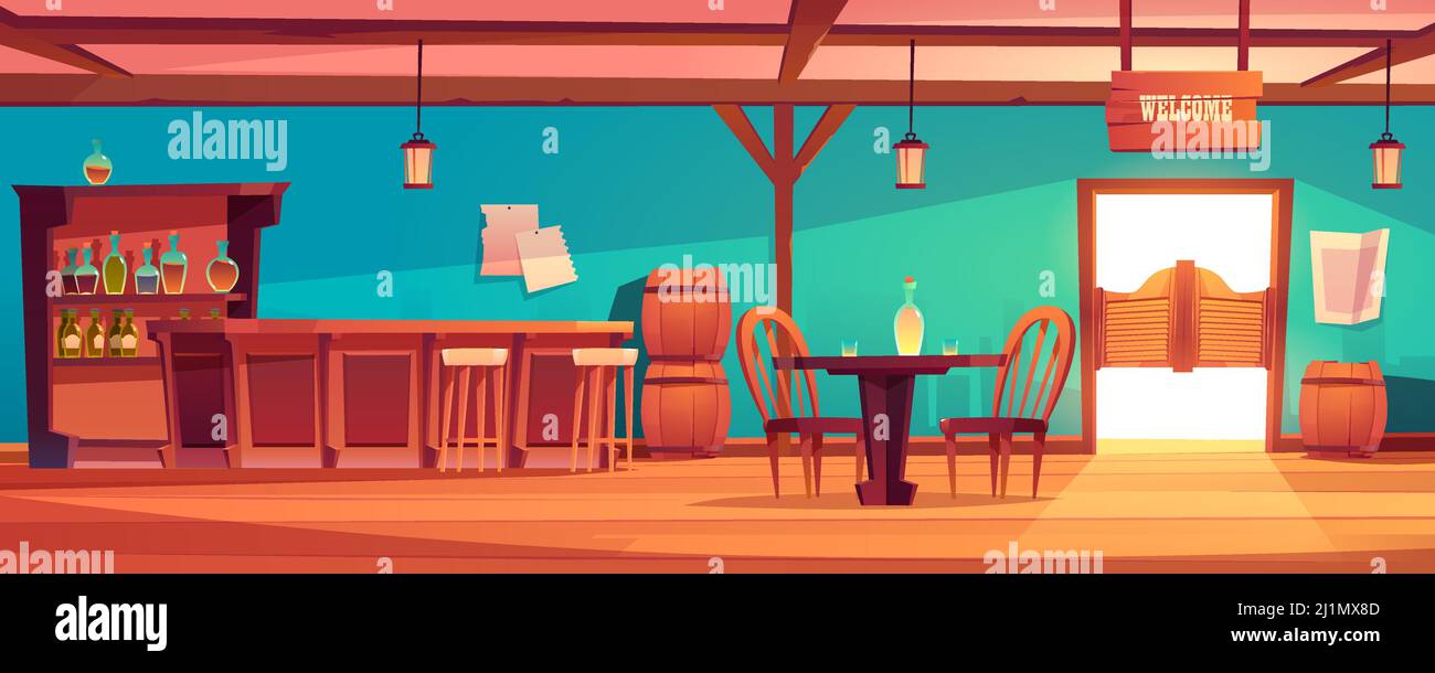 Interni Western Saloon con tavolo, bancone bar, bottiglie di alcool su ripiani. Vettore cartoon illustrazione di taverna ovest selvaggio per cowboy con d di legno Illustrazione Vettoriale