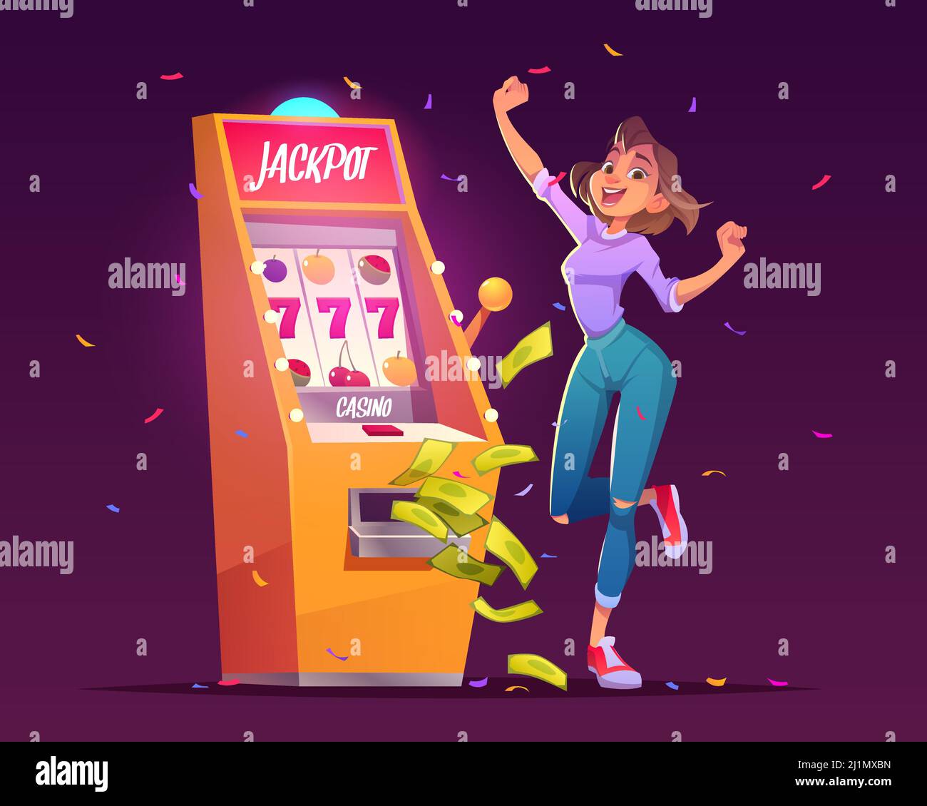 Slot machine jackpot casinò vincere. La fortunata donna festeggia il salto del premio vincente a soldi che cadono con tutti i sette girano la combinazione su un bandito armato, ha Illustrazione Vettoriale