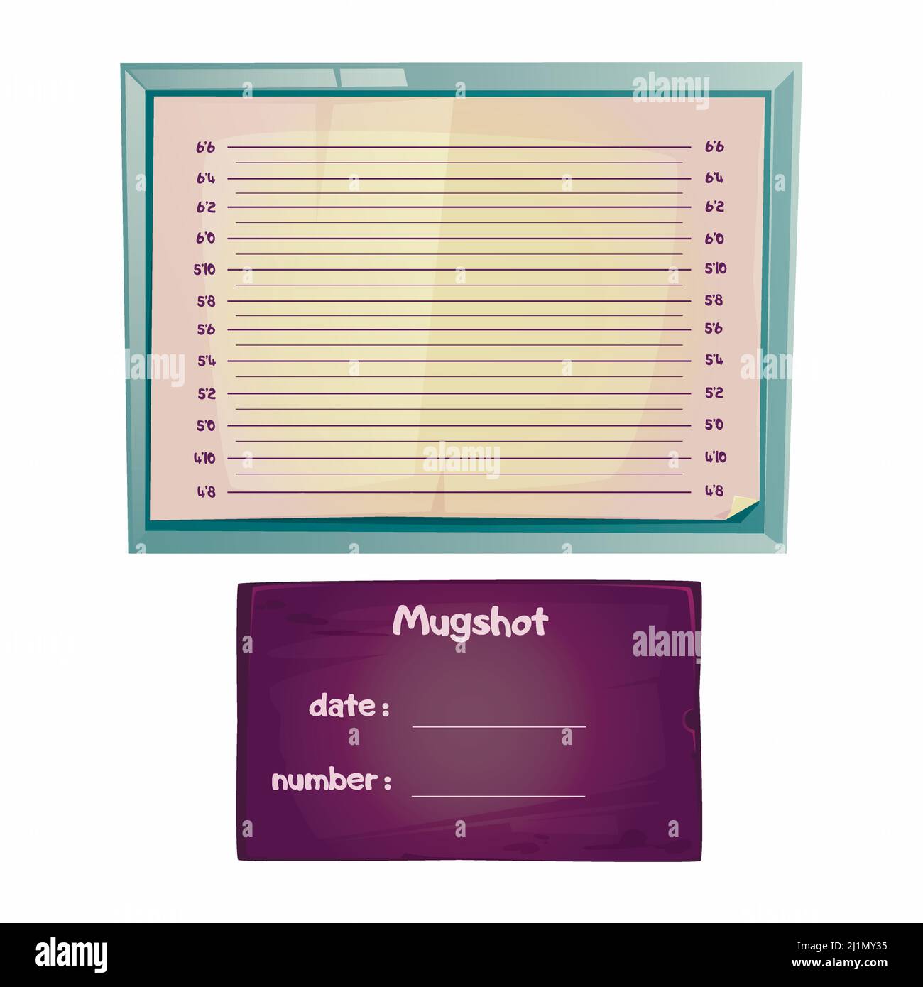 Polizia mugshot per identificazione sospetta o criminale in prigione. Vettore cartoon blank lineup modello con scala di altezza per foto di arrestato, voluto Illustrazione Vettoriale