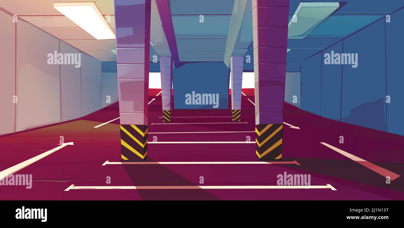 Parcheggio sotterraneo con posti vuoti e di marcatura. Area vuota per il trasporto nel seminterrato dell'edificio con colonne e frecce di guida che mostrano la via di uscita, Illustrazione Vettoriale