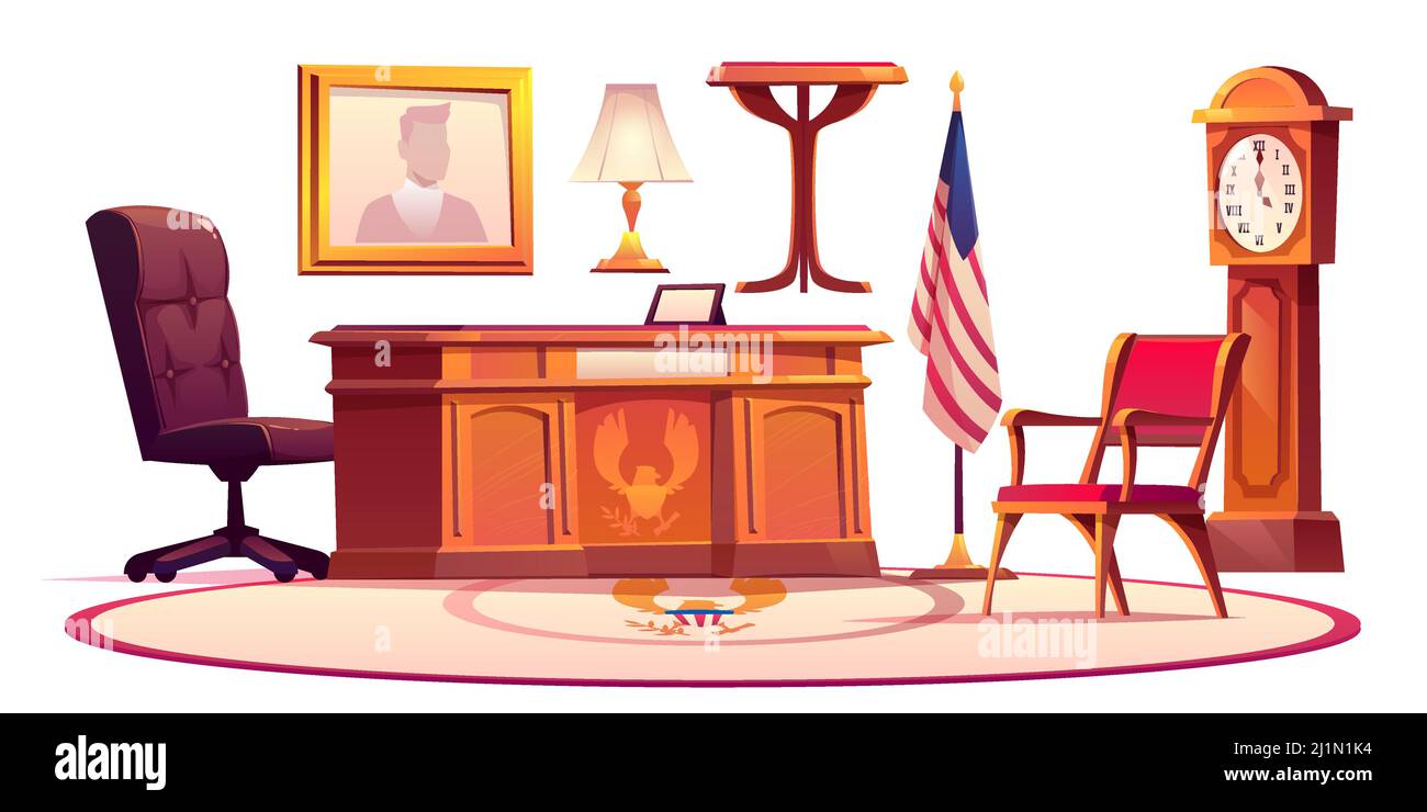 Mobili di ufficio Oval in Casa Bianca. Elementi interni vettoriali cartoon di armadietto americano presedent, scrivania e sedia in pelle, orologio in legno retrò, f Illustrazione Vettoriale