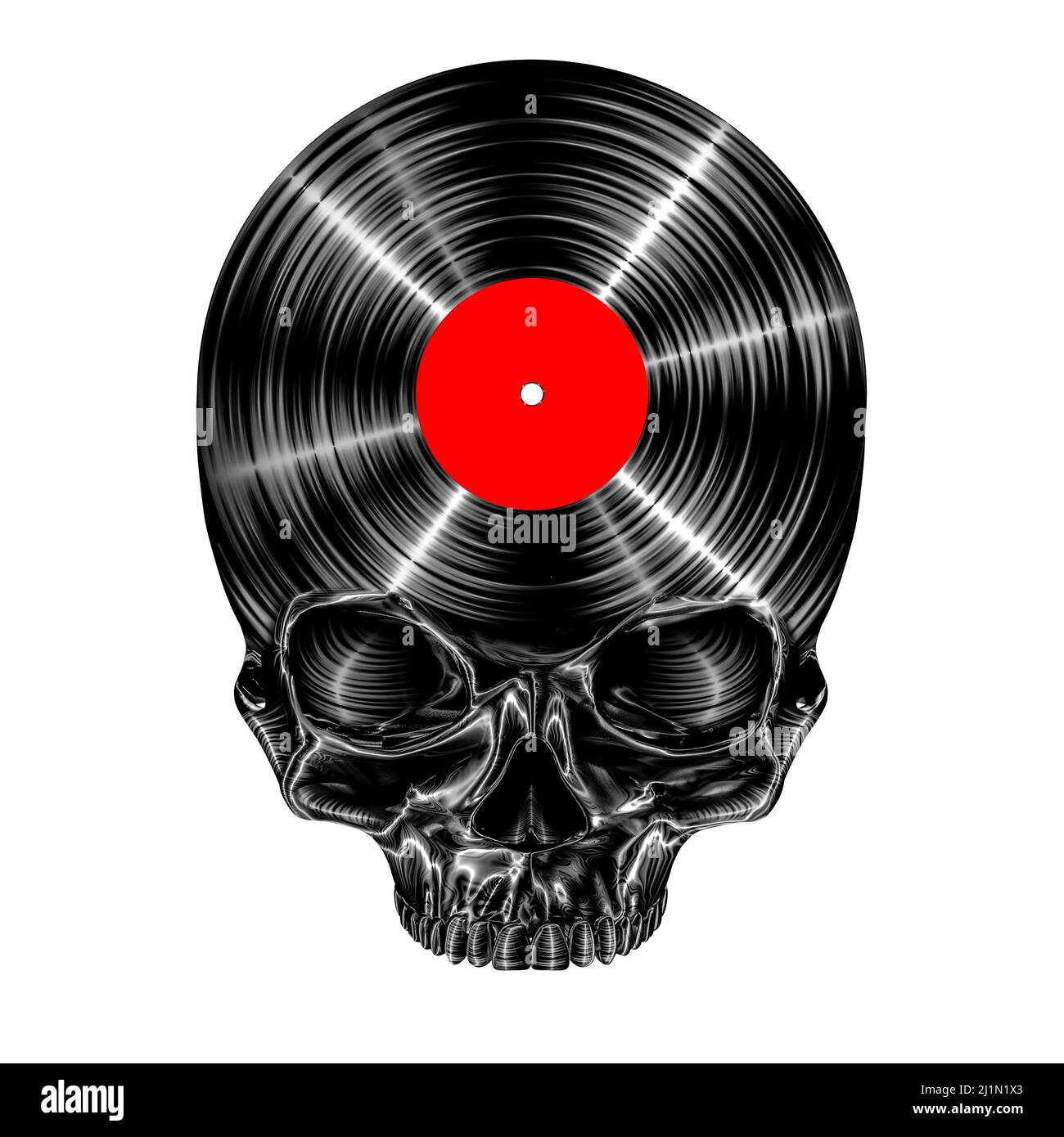 Album di musica della morte - 3D illustrazione del disco in vinile a forma di cranio isolato su sfondo bianco studio Foto Stock