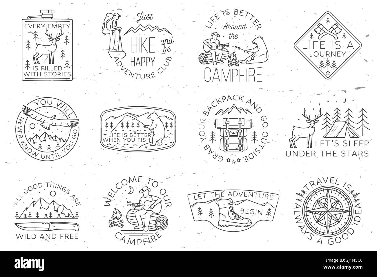 Set di badge da campeggio, patch. Vettore. Concetto per camicia o logo, stampa, timbro o tee. Design artistico vintage line con tenda camper, escursionista, orso da pesca Illustrazione Vettoriale Set di badge da campeggio, patch. Vettore. Concetto per camicia o logo, stampa, timbro o tee. Design artistico vintage line con tenda camper, escursionista, orso da pesca Illustrazione Vettoriale