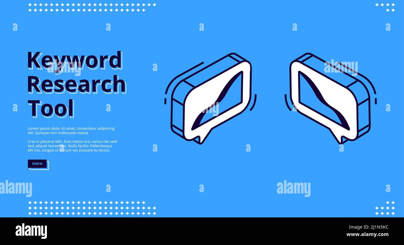 Strumento di ricerca per parole chiave pagina di destinazione isometrica, grafici crescenti in bolle del parlato su sfondo blu. SEO concetto di ottimizzazione, parole chiave analisi servic Illustrazione Vettoriale