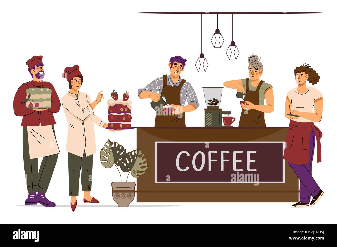 Personale di caffetteria o pasticceria con barista e pasticcerie, camerieri. Pasticceria dolce e vendita di caffè, caffè o dipendenti negozio di caffè, flat vettor i Illustrazione Vettoriale